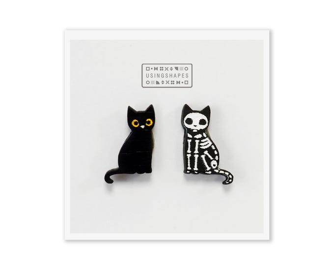 Halloween Skeleton Cat, Black Cat Stud Earrings, Cat Earrings, Black Cat Earrings, Cat stud Earrings, Wooden Earrings, Funny Studs