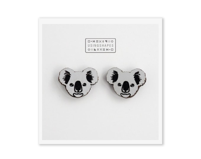 Koala Head Stud Earrings, Cute Koala Wooden Earrings, Grey Earrings, Gray, Koala Studs, Animal Earrings, Australia, Eco friendly