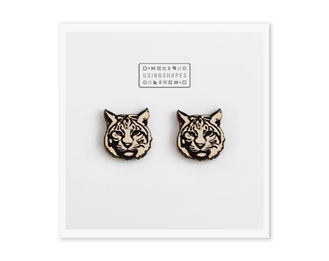 Bobcat Stud Earrings, Big Cat Earrings, Forest Animal Studs, Woodland Animal Posts, Wooden Earrings, Animal Jewelry, Eco friendly