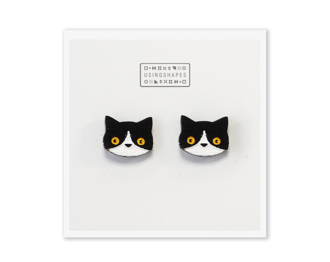 Tuxedo Cat Stud Earrings, Hand Painted Wooden Jewelry, Tuxedo Earrings, Cute Cat Stud Earrings, Eco friendly