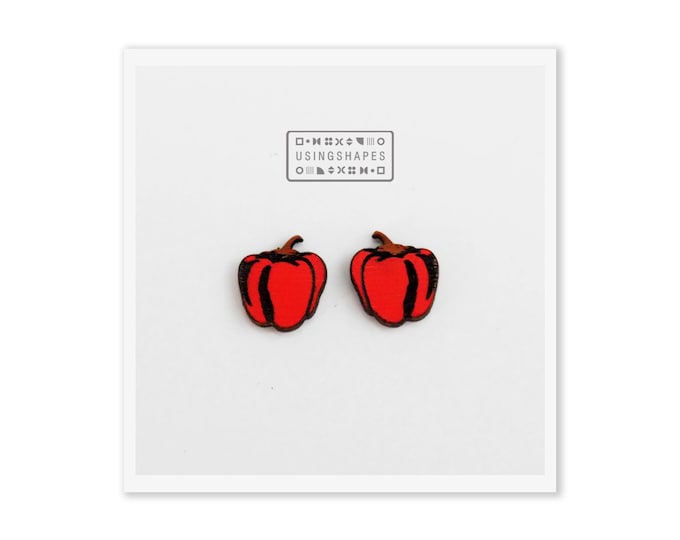 Red Bell Pepper Stud Earrings, Pepper Studs, Red Pepper Earrings, Vegan Stud Earrings, Vegetable Earrings, Wooden Earrings, Eco friendly