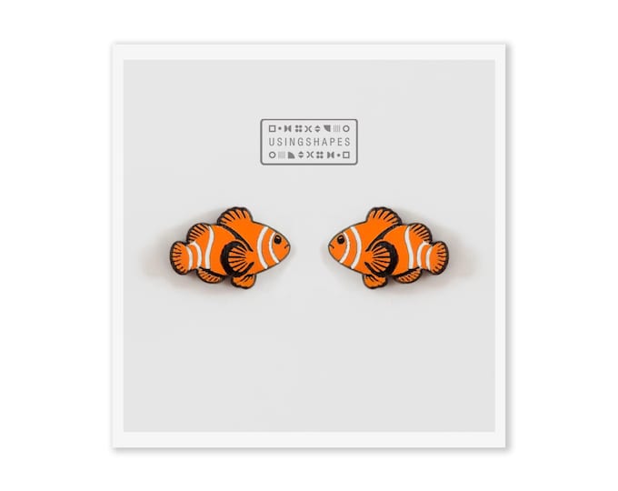 Clown Fish Stud Earrings in Wood, Fish Earrings, Nature Inspired Earrings