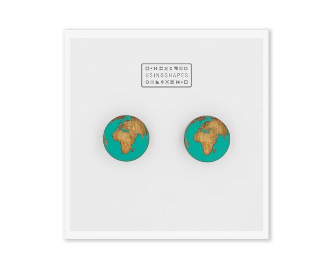 Planet Earth Stud Earrings, Globe Earrings, Earth Day Earrings, Earth Studs, Wooden Earrings, Eco friendly