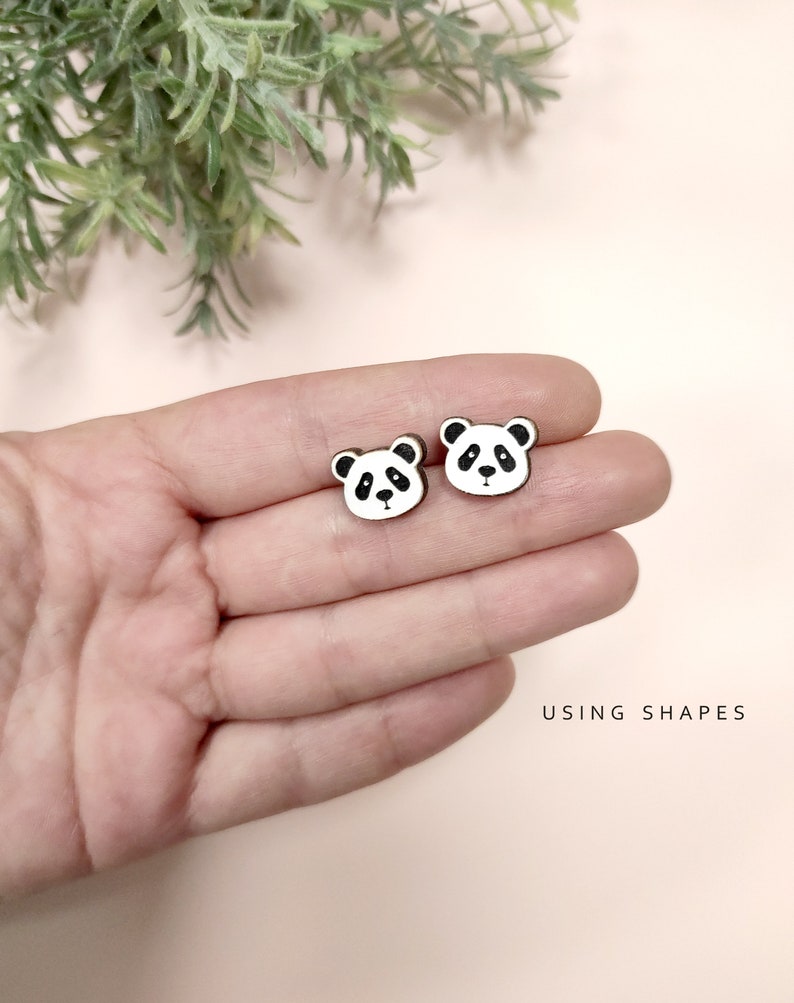 Panda Bear Stud Earrings - Animal Earrings - Wooden image 3