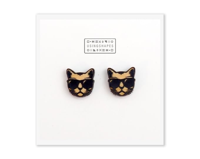 Cat with Sunglasses Stud Earrings, Cat with Sunglasses, Hand Painted Wooden Jewelry, Funny Cat Earrings, Cat Stud Earrings, Eco friendly