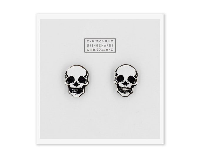 White Skull Stud Earrings, Stud Earrings, Wooden Stud Earrings, Post Earrings, Halloween Earrings, Skull Earrings, Eco friendly
