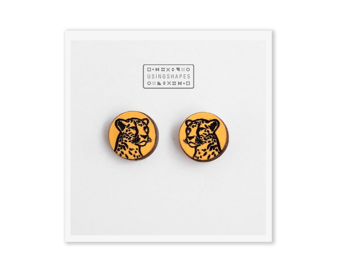 Leopard Stud Earrings, Cheetah Post Earrings, Big Cat, Wild Animal Earrings, Yellow Posts, Round Studs, Wooden Studs, Eco friendly