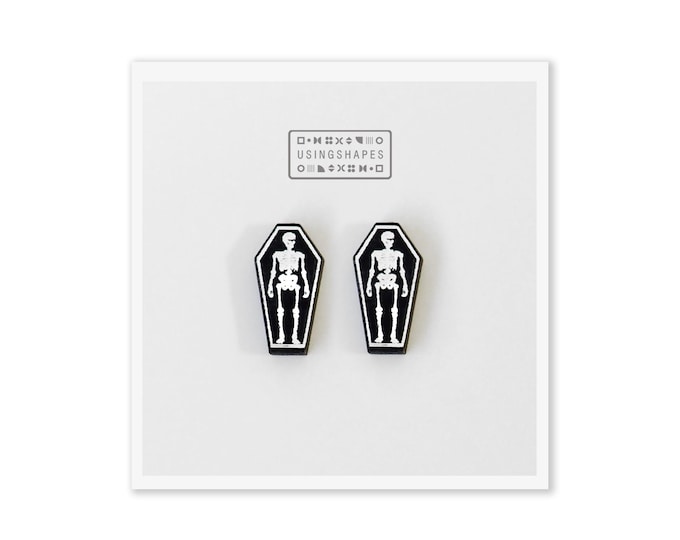Halloween Skeleton in Coffin Stud Earrings, Creepy Earrings, Wooden Earrings, Goth Earrings, Eco friendly