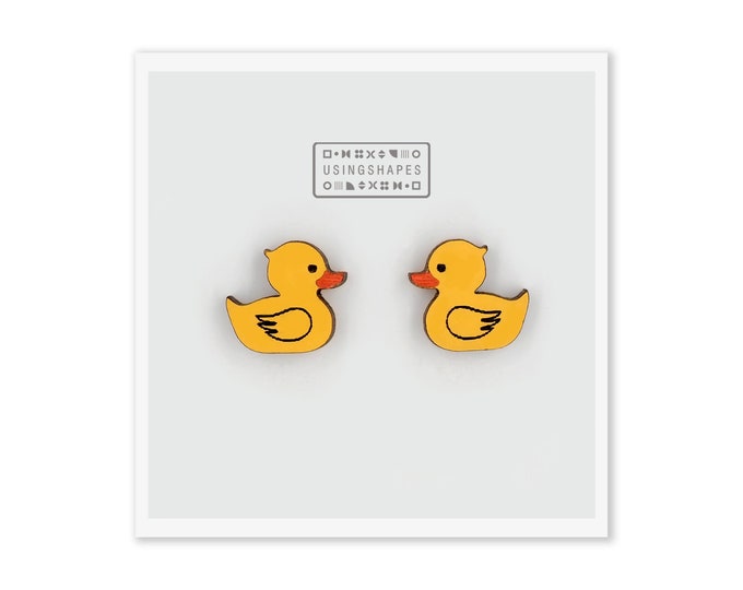 Yellow Duck Stud Earrings, Rubber Duck Earrings, Wooden Stud Earrings, Yellow Post Earrings, Cute Duck Earrings, Eco friendly