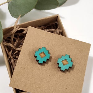 Turquoise Aztec Design Stud Earrings, Aztec Stud Earrings, Geometrical Earrings, Hand Painted Wooden Jewelry, Wooden Stud Earrings