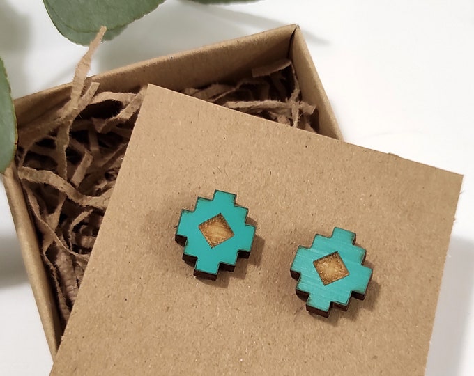 Turquoise Aztec Design Stud Earrings, Aztec Stud Earrings, Geometrical Earrings, Hand Painted Wooden Jewelry, Wooden Stud Earrings