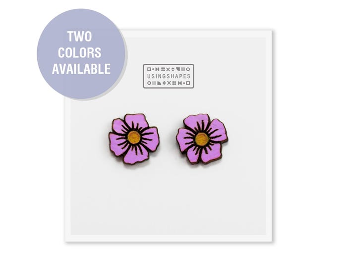 Flower Stud Earrings, Floral Studs, Botanical Earrings, Wooden Stud Earrings, Flowers Jewelry, Purple Flowers, Eco friendly