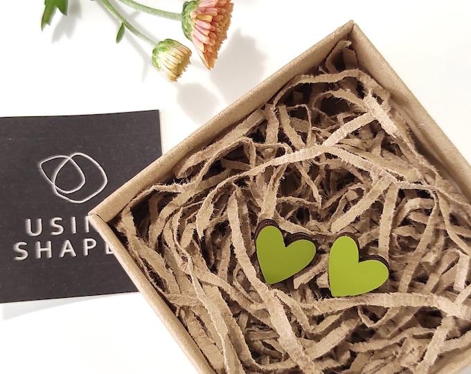 Green Heart Stud Earrings, Heart Shape Studs, Heart Post Earrings, Green Earrings, Wooden Earrings, Vegan Earrings, Eco friendly