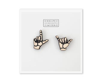 LOVE YOU Sign Language Stud Earrings, Wooden Jewelry