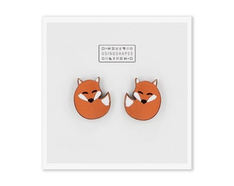 Orange Fox Wooden Stud Earrings, Forest Animal