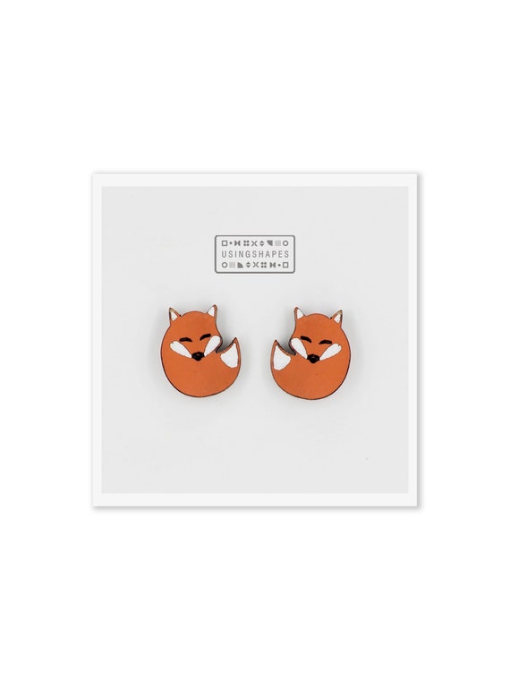 Orange Fox Wooden Stud Earrings, Forest Animal