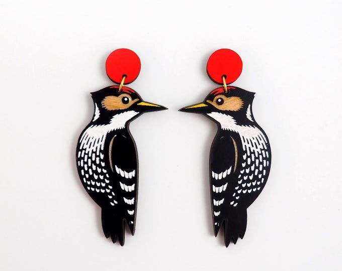 Woodpecker Earrings – Bird Drop Studs, Nature Lover Jewelry, Gift for Her, Lightweight Wooden Earrings, Bird Lover Accessory