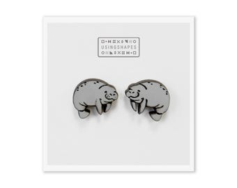 Cute Chubby Manatee Stud Earrings, Sea Cows Stud Earrings, Wooden Stud Earrings, Post Earrings, Sea life Earrings, Sea Animal, Eco friendly