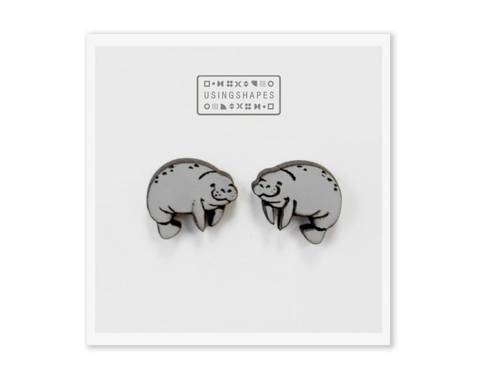 Cute Chubby Manatee Stud Earrings, Sea Cows Stud Earrings, Wooden Stud Earrings, Post Earrings, Sea life Earrings, Sea Animal, Eco friendly