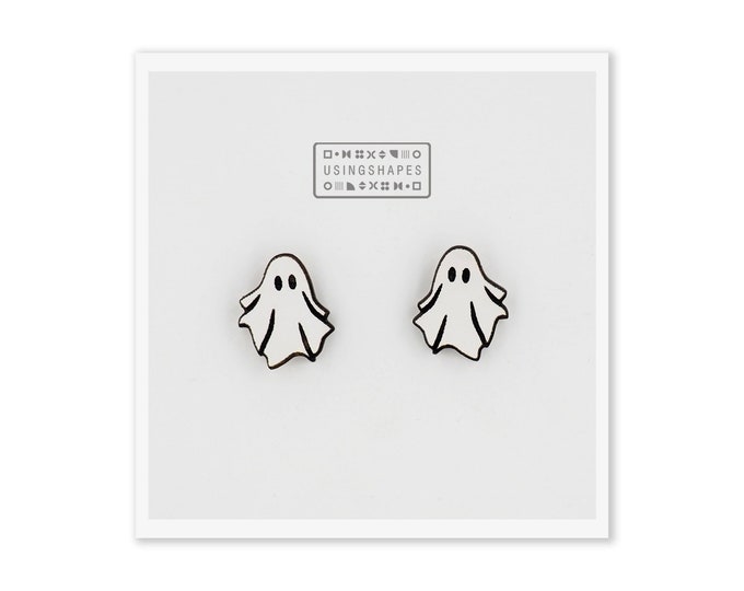 White Ghost Stud Earrings, Halloween Earrings, Wooden Ghost Earring, Cute Ghost, Funny Ghost Studs, Quirky Jewellery, Eco friendly