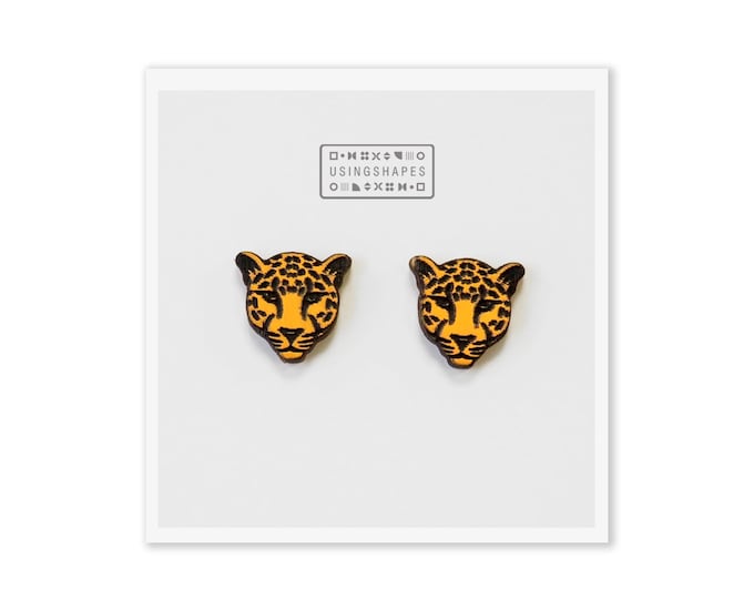 Leopard Head Stud Earrings, Cheetah Head Post Earrings, Big Cat Earrings, Wild Animal Earrings, Yellow Posts, Wooden, Eco friendly
