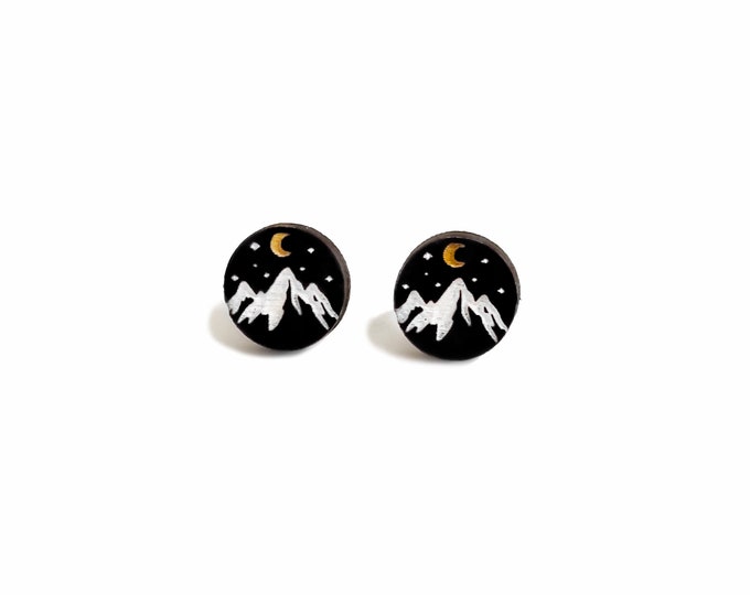 Mountains and Moon Landscape Stud Earrings, Mountains Earrings, Black Studs, Wooden Stud Earrings, Moon Earrings, Eco friendly
