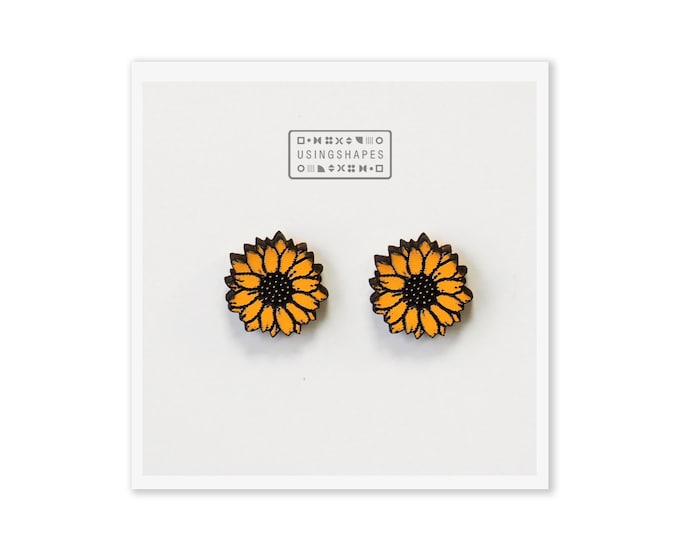 Sunflower Stud Earrings, Floral Studs, Botanical Earrings, Wooden Stud Earrings, Flowers Jewelry, Yellow Flowers, Eco friendly