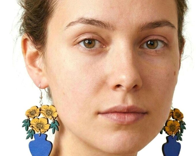 Yellow Flowers in Blue Vase Drop Earrings, Flowers Jewelry, Floral , Boho Jewelry, Colorful Earrings, Spring Earrings, Eco friendly