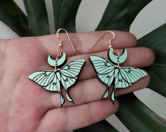 Moth With Moon Drop Earrings, Insect Earrings, Moth Jewelry, Mint Dangle earrings, Eco friendly MI03
