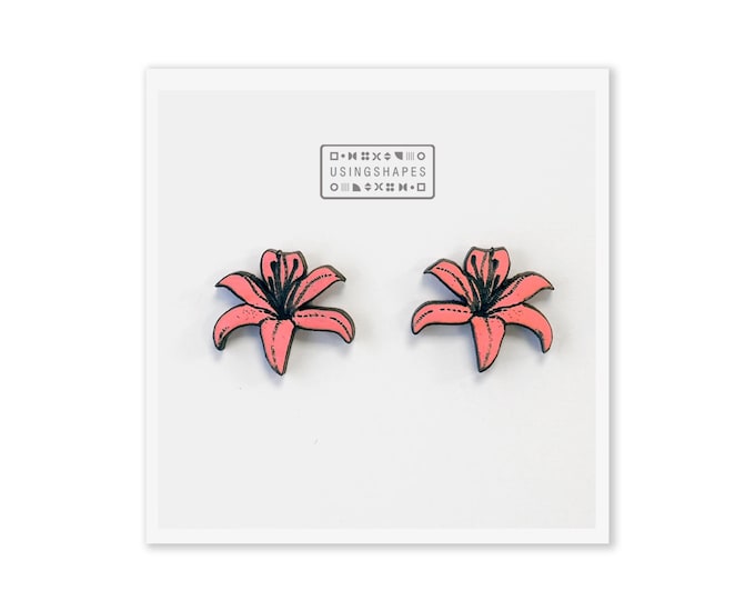 Lily Flower Stud Earrings, Pink Lily Flowers Earrings, Flowers Jewelry, Wooden Jewelry, Handmade Earrings