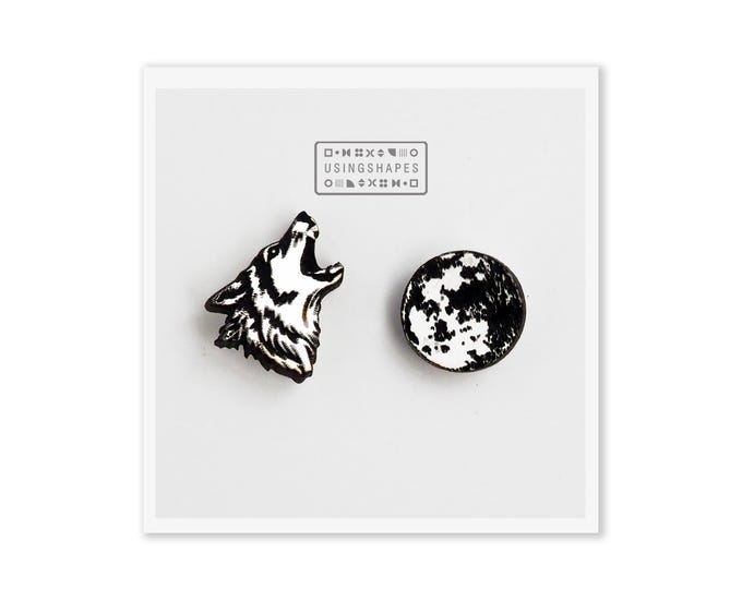 Wolf and Full Moon Stud Earrings, Noctural Earrings, Wolf Studs, Wolf Posts, Moon Studs, Moon Posts, Wooden Earrings, Eco friendly