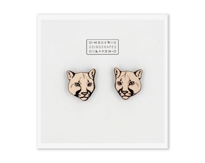 Cougar Head Stud Earrings, Mountain Lion Stud Earrings, Post earrings, Wooden Earrings, Eco friendly, Puma Head Earrings