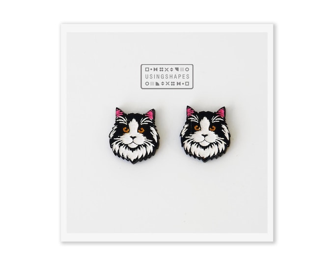 Cat Stud Earrings, Hand Painted Wooden Jewelry, Earrings, Cute Cat Stud Earrings, Eco Friendly, Black and White Cat, Hairy Cat