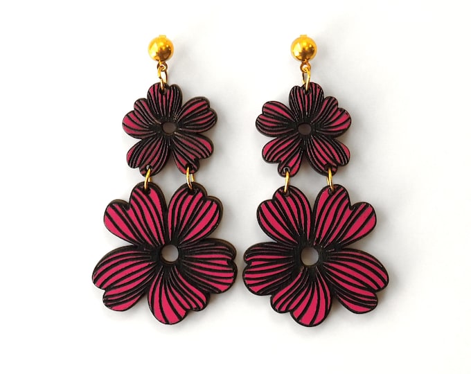 Dark Pink Flowers Drop Earrings, Dark Pink Flowers Earrings, Long Earrings, Statement Earrings, Gift for Her, Light Earrings, Eco friendly