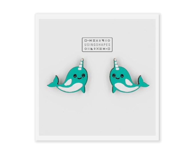 Narwhal Whale Stud Earrings, Whale Stud Earrings, Wooden Stud Earrings, Narwhal Whale Studs, Eco friendly