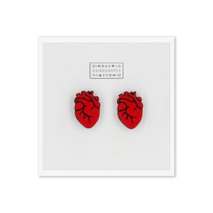 Human Heart Stud Earrings, Anatomy Heart Earrings, Wooden Earrings,Anatomical Heart Post, Red Heart Earrings