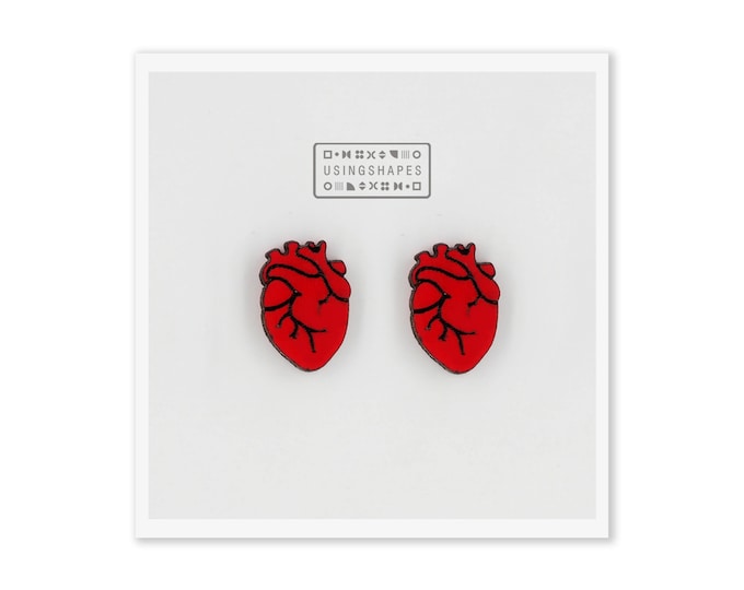 Human Heart Stud Earrings, Anatomy Heart Earrings, Wooden Earrings,Anatomical Heart Post, Red Heart Earrings
