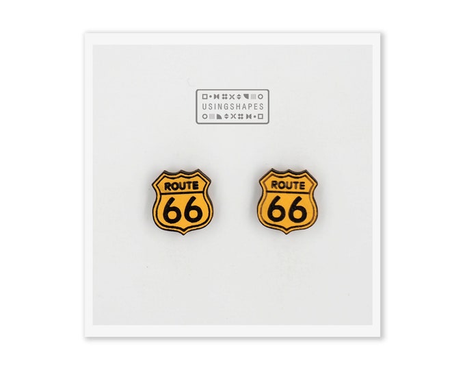 Route 66 Sign Stud Earrings, America Earrings, Route 66 Earrings, Route US 66 Studs, Yellow Earrings, Eco friendly