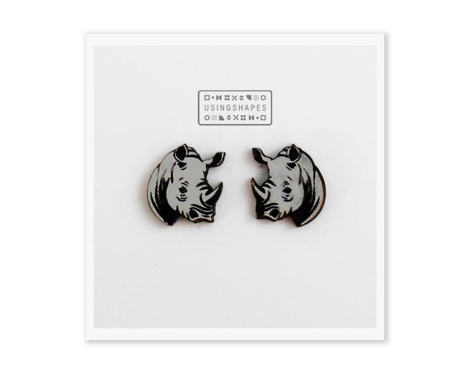 Rhino Stud Earrings, Wild Animal Studs, Rhino Earrings, Wooden Stud Earrings, Rhino Jewelry, African Animal Studs, Eco Friendly Earrings