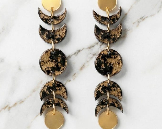 Moon Phases Dangle Earrings, Wooden Jewelry,