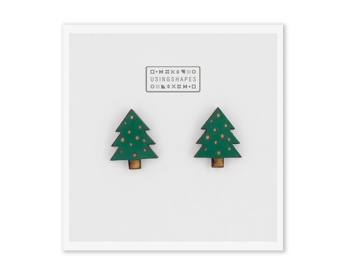 Christmas Tree Stud Earrings, Wooden Earrings, Green Stud Earrings, Christmas Tree Earrings, Eco friendly, SGR05
