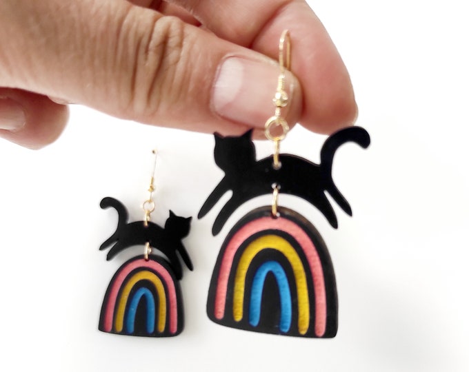 Cat on Rainbow Drop Earrings, Hand painted Wooden Jewelry, Cat Earrings, Black Cat Dangle Earrings, Boho Earrings