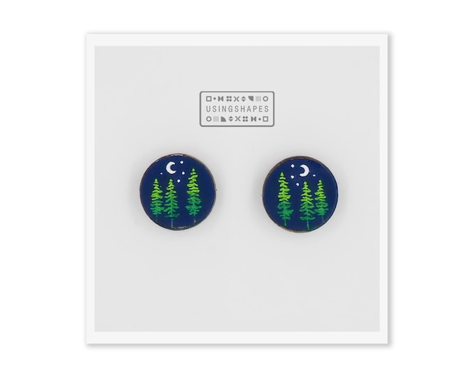 Forest Landscape Stud Earrings, Forest at Night Studs, Blue Night, Nature Earrings, Moon and Stars, Wooden Earrings, Eco friendly