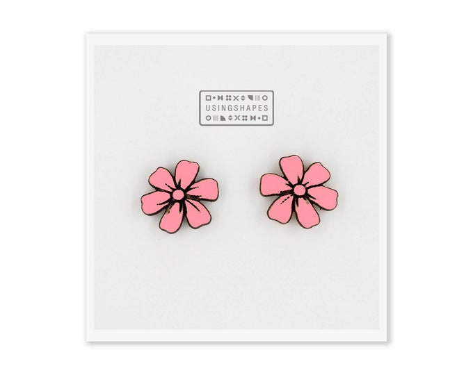 Pink Flower Stud Earrings, Floral Studs, Botanical Earrings, Wooden Earrings, Flowers Jewelry, Pink Flowers, Gift For Girls, Eco friendly