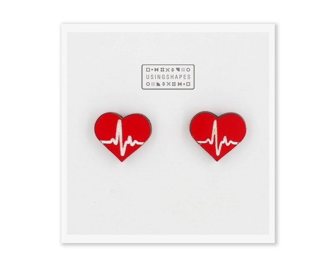 Heartbeat Stud Earrings, Heartbeat Accessories, Heartbeat Earring, Heartbeat Jewelry, Wooden Jewellery, Eco friendly