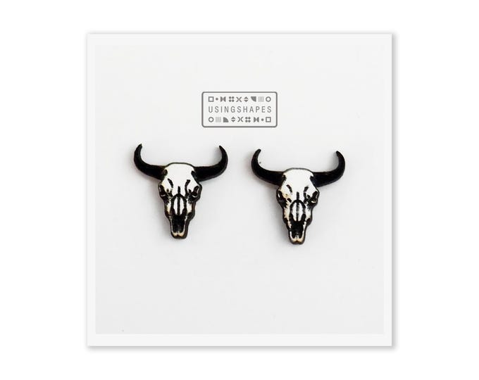 Cattle Skull Stud Earrings, Desert Skull Earrings, Cow Skull Studs, Animal Skull Posts, Wooden Earrings, Eco friendly