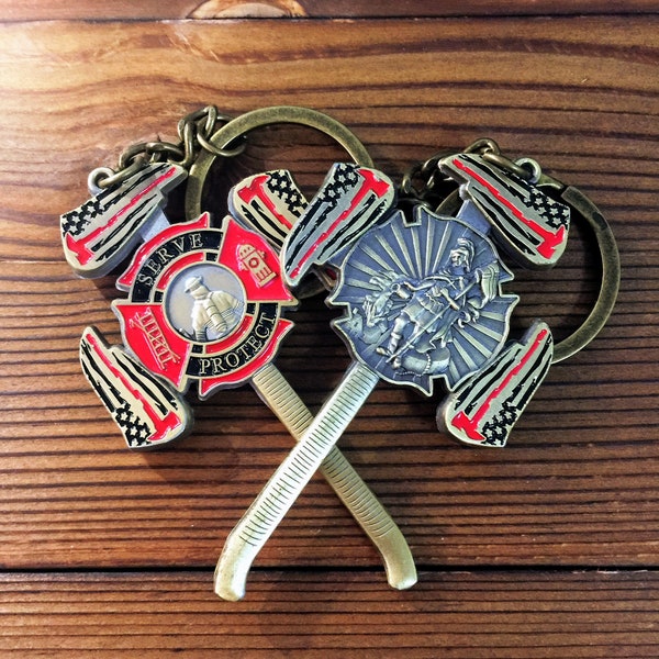 Firefighter St.Florian Cross Challenge Coin Fire Axe Featured Medallion Key Chain/ Gift for Firefighter