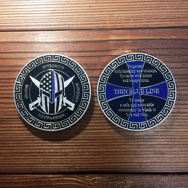 Thin Blue Line Challenge Coin Spartan Warrior Helmet Law Enforcement Collectible/ Gift for Officer