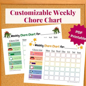 May include: A customizable weekly chore chart printable featuring a green dinosaur illustration, a chore list with icons for daily tasks, and a grid for tracking progress from Monday to Sunday. The document includes the text Weekly Chore Chart.
