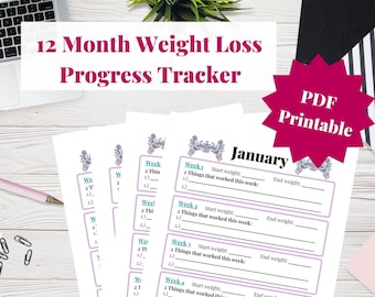 12 Month Weight Loss Progress Tracker | Motivational Weight Loss Printable | Weight Loss Journal